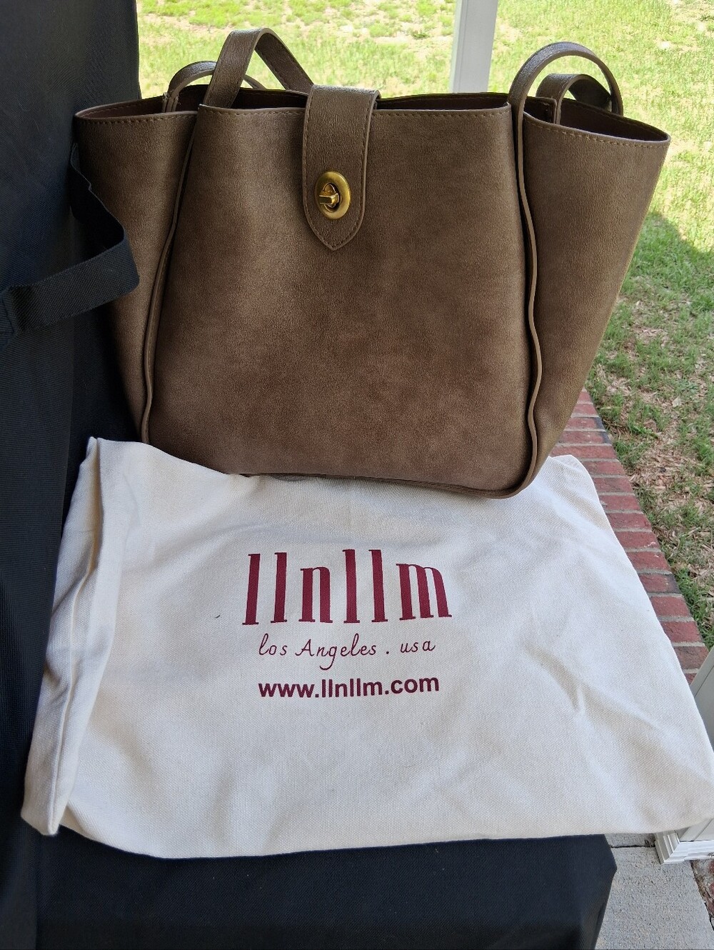 Authentic Leather Taupe Shoulder Tote with Turn-Lock Closure With Mini Bag And